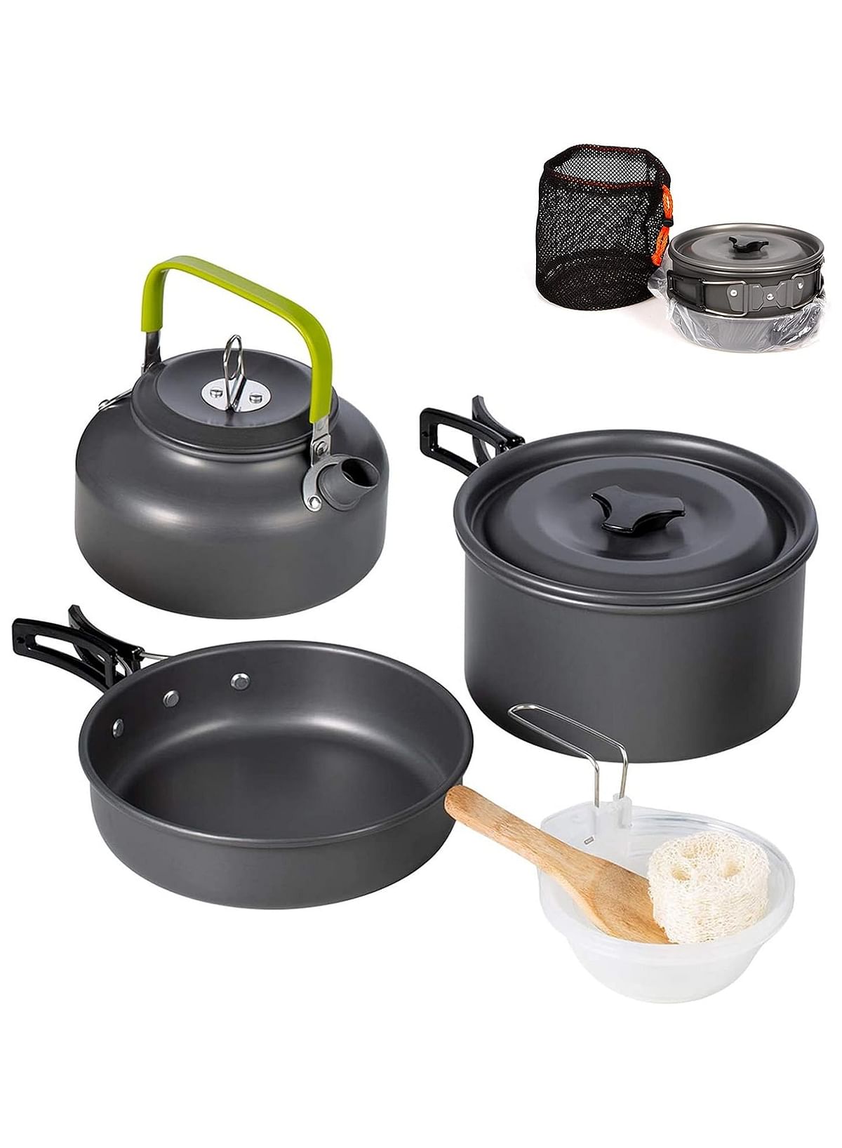 Aluminum Outdoor Camping Cookware Set, Folding Cookset Camping, Lightweight Pans with Mesh Set Bag for Backpacking, Hiking, Picnic