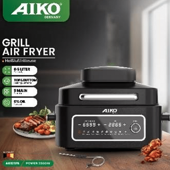 AIKO AK625FR Grill Air Fryer 2200 Watts 6/5 Ltr Capacity 9 Main Function Copper Motor Oil Free Healthy Air Frying