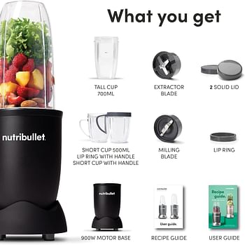 NutriBullet 900 Watts, 9 Piece Set, Multi-Function High Speed Blender, Mixer System with Nutrient Extractor, Smoothie Maker NB-201 - Black