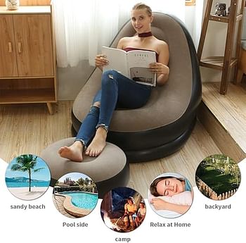 Inflatable Lounge Chair for Adults, Folding Portable Lazy Sofa with Foot Stool Lazy Flocking Recliner Chair Air Couch Sofa for Indoor Livingroom Gaming Bedroom Office Balcony, Outdoor Travel Camping