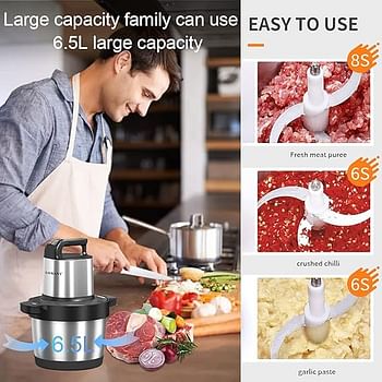 SOKANY Electric Food Chopper Stainless Steel Bowl 2 Speed ​​with 4 Sharp Blades Blender Chopper with Powerful Motor Food Processor for Fruit Vegetables Meat Spices (SK-7033, 1500W, 6.5L)