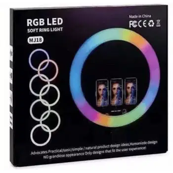 RGB LED Soft Ring Light - MJ18 Touch Control with 3 Phone Holder Clips & Remote (18" - 45cm)