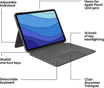 Logitech Combo Touch iPad Pro 11-inch (1st, 2nd, 3rd, 4th generation - 2018, 2020, 2021, 2022) Keyboard Case - Detachable Backlit Keyboard, Click-Anywhere Trackpad  Arabic Layout - Grey