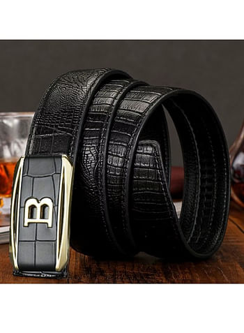 Leather Belt for Men Crocodile Pattern Dress Belt with Automatic Buckle Adjustable Fit for Formal and Casual Wear Black