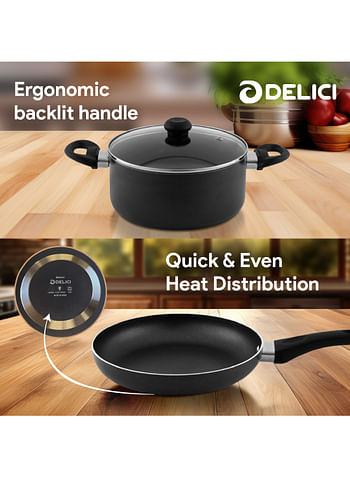 DELICI Nonstick Cookware Set 7 Pcs (NCS7G) 10X Tougher Coating Quick & Even Heat Distribution Suitable for Hot Plate Halogen Ceramic Gas 24cm Casserole with Lid 18cm Saucepan with Lid 24cm Frypan and 2 Nylon Spatulas