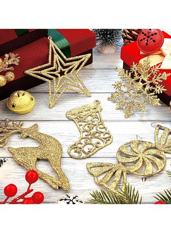 15 Pieces Christmas Glitter Snowflake Ornaments Plastic Christmas Hanging Ornaments Star Candy Reindeer Stocking Snowflake Decorations for Christmas Tree Winter (Multicolour)