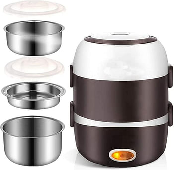 Electric Lunch Box, 3 Layers Stainless Steel + PP 2L Portable Electric Lunch Box Food Storage Warmer Container Rice Cooker