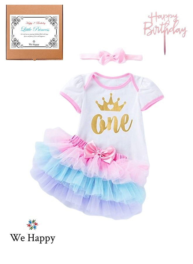 4 Pieces 1st Birthday Baby Girl Costume Set Newborn Princess ONE Printed with Crown Dress for Theme Party Photoshoot, Unicorn Bodysuit with Tutu Skirt Cake Topper and Floral Headband - White Pink Blue