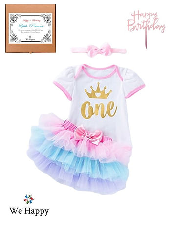 4 Pieces 1st Birthday Baby Girl Costume Set Newborn Princess ONE Printed with Crown Dress for Theme Party Photoshoot, Unicorn Bodysuit with Tutu Skirt Cake Topper and Floral Headband - White Pink Blue