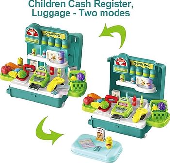 Toy Set 4 in 1 Travel Suitcase Mobile Supermarket Shop Kit Cash Register Food Fruit Vegetable 43PCS Role Play Accessories Gift for Boys Girls