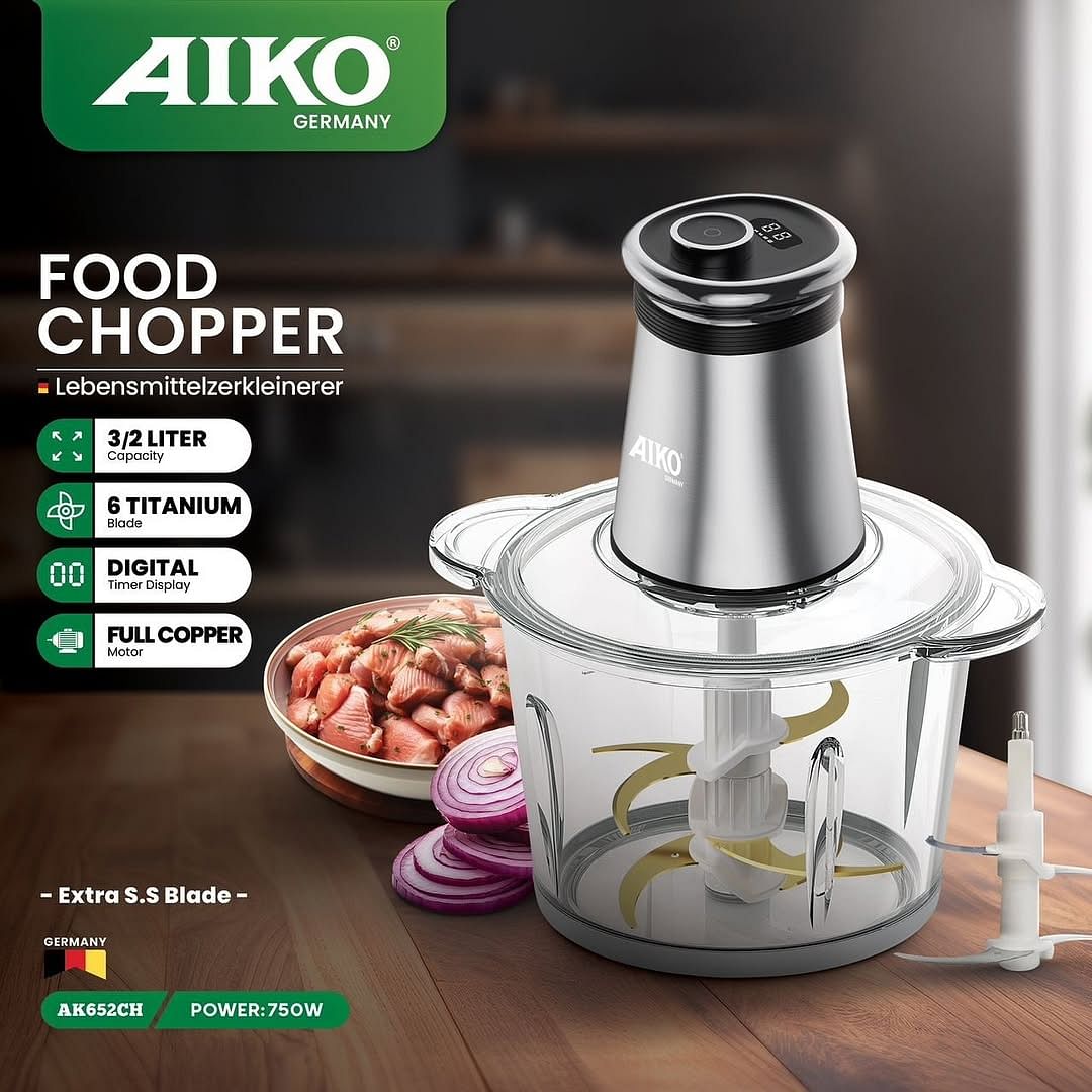 AIKO AK652CH Food Chopper 750 Watts A++ Energy Grade Titanium 6 Blade, 3/2 Ltr Bowl Capacity Stainless Steel Motor Body Copper Motor Digital Time Display Anti-Slip Pad Crusher