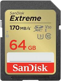 SanDisk 64GB Extreme SDXC card + RescuePRO Deluxe, up to 170MB/s, UHS I, Class 10, U3, V30 SDSDXV2 064G GNCIN - Black