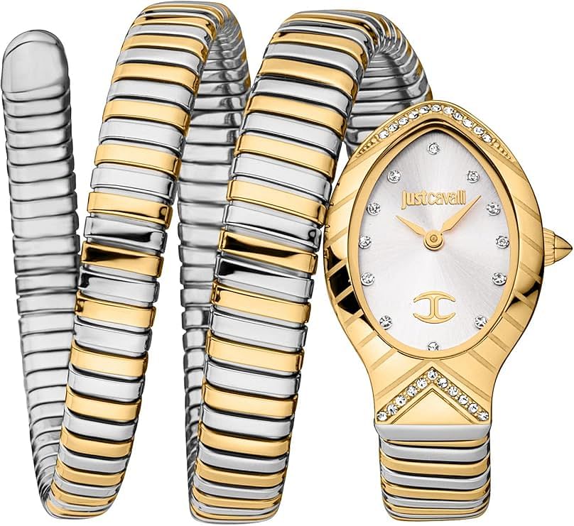 Just Cavalli Women's Signature Snake Watch Silver And Gold Bracelet Silver Dial