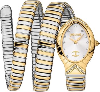 Just Cavalli Women's Signature Snake Watch Silver And Gold Bracelet Silver Dial