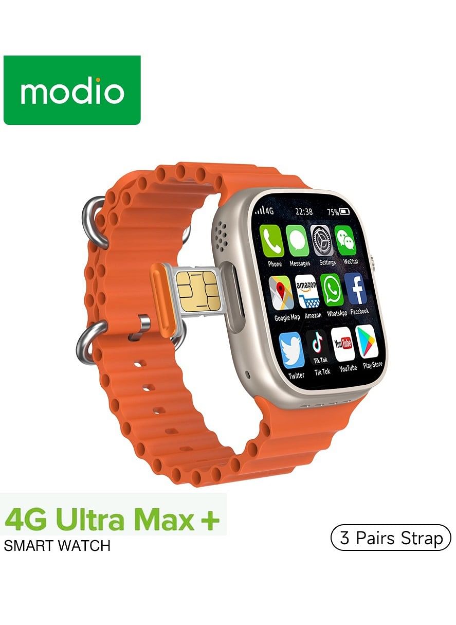 Modio 4G Ultra Max Plus Smart Watch With 2.2 Inch HD Screen Sim Card Slot and 3 Pair Straps For Ladies and Gents Silver