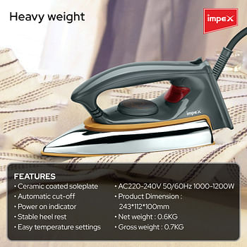 Impex Electric Iron Box Light Weight Non-Stick Ceramic Coated Sole Plate With 5 Temperature Settings For Different Textile | 180 Degree Swivel Cord | Long Life Thermostat And Over Heat Protection 100 ml 1200 W SHOWY Silver