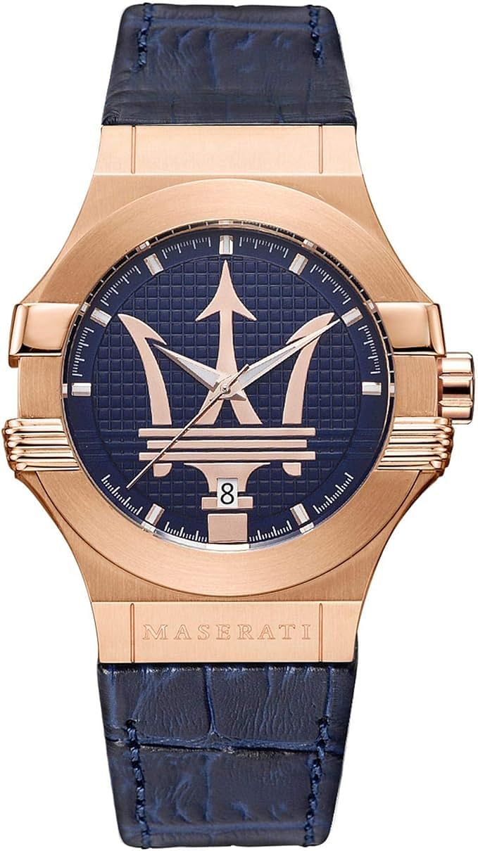 Maserati Watch Potenza 42mm 3h Rose Gold Case Blue Dial Blue Strap Size 42