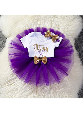 4 Pieces Its My 1st Birthday Costume Princess Theme Dressing up Toy Baby Girl Party Fancy Wear with Tutu Skirt, Cake Topper and Floral Headband - Purple