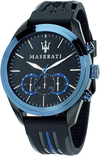 Maserati Watch Traguardo Collection, Quartz Movement, Chronograph, Stainless Steel and Leather Watch Strap R8871612006 -  Black, Blue