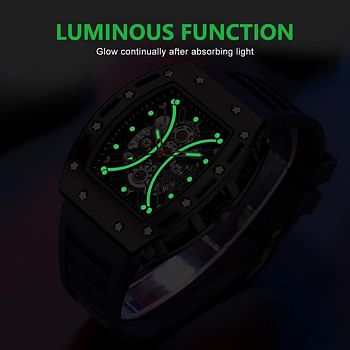 AIMES Men's Waterproof Adjustable Silicone Strap Chronograph Calendar Date Business Luminous Cool Large Square Face Wristwatch - Black