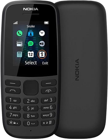 هاتف نوكيا 105 (2019) مع بطارية تدوم طويلا، وتصميم مريح متين، ولون اصيل، والعاب كلاسيكية، وراديو، ومصباح يدوي ومساحة تخزين كبيرة، وشريحتي اتصال، وذاكرة رام 4 ميجا، وذاكرة روم 4 ميجا - لون اسود