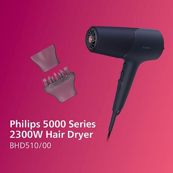 Philips 5000 Series Hair Dryer with ThermoShield Technology, 3 Heat and 2 Speed Levels, 2300 W Drying Power BHD510/00