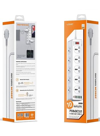 LDNIO Power Strip 2M Cord 10 Outlets with 5 USB-A / Type c, Ultimate Power and Protection