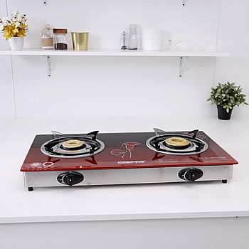 Geepas GK5602 Tempered Glass Double Burner Gas Cooker, Red