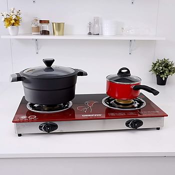 Geepas GK5602 Tempered Glass Double Burner Gas Cooker, Red