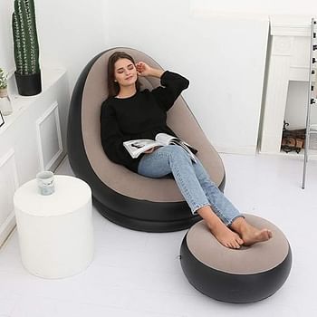 Inflatable Lounge Chair for Adults, Folding Portable Lazy Sofa with Foot Stool Lazy Flocking Recliner Chair Air Couch Sofa for Indoor Livingroom Gaming Bedroom Office Balcony, Outdoor Travel Camping