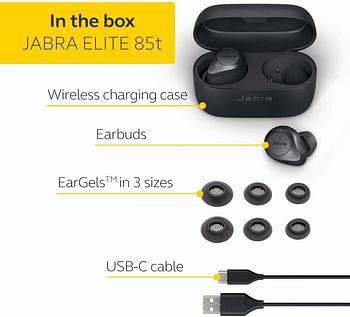 Jabra Elite 85t True Wireless Earbuds Jabra Advanced Active Noise Cancellation with Long Battery Life and Powerful Speakers Wireless Charging Case One Size - Grey