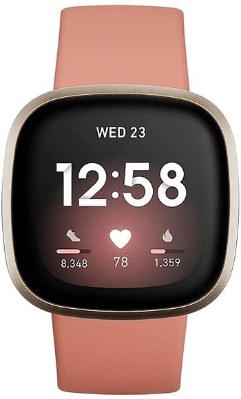 ساعة ذكية للصحة واللياقة البدنية من فيتبيت فيرسا 3، مع تقنية GPS، معدل ضربات القلب 24/7، مساعد صوتية وبطارية حتى 6 أيام فما فوق، طين وردي/ألومنيوم ذهبي ناعم