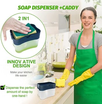 2 in 1 Sponge Rack Shelf Soap Detergent Dispenser Pump, Large Capacity with Sponge, 1 Hand Operation