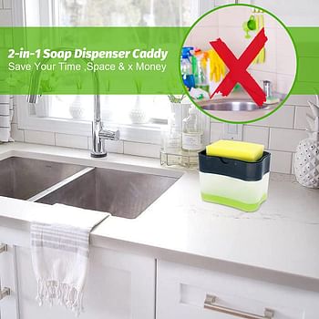 2 in 1 Sponge Rack Shelf Soap Detergent Dispenser Pump, Large Capacity with Sponge, 1 Hand Operation