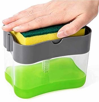 2 in 1 Sponge Rack Shelf Soap Detergent Dispenser Pump, Large Capacity with Sponge, 1 Hand Operation