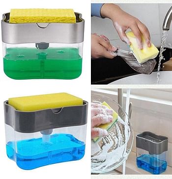 2 in 1 Sponge Rack Shelf Soap Detergent Dispenser Pump, Large Capacity with Sponge, 1 Hand Operation