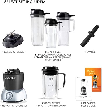 NutriBullet Select 1200 Watts, 12 Piece Set, Multi-Function High Speed Blender, Mixer System with Nutrient Extractor, Smoothie Maker, Dark Grey, NB2-S12
