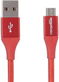 امازون بيزيكس كابل شحن مزدوج مضفر مصنوع من النايلون من USB 2.0 الى مايكرو بي طول 6 قدم لون احمر