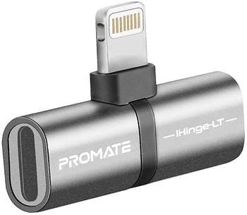 Promate Lightning Splitter Adapter, Premium 2-In-1 Lightning to Headphone Audio and Sync Charging Jack Connector with High-Quality Audio Output and 2A Pass-Through Charging for iPhone,iHinge-LT Grey