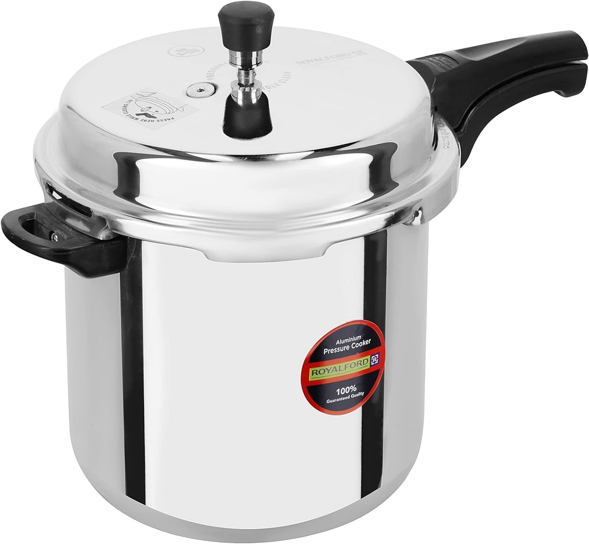 Royalford Induction Base Pressure Cooker Equipped with Improved Regulator and Controlled GRS Durable Aluminum Construction Firm Handles Compatible Silver 12.0 L RF11645