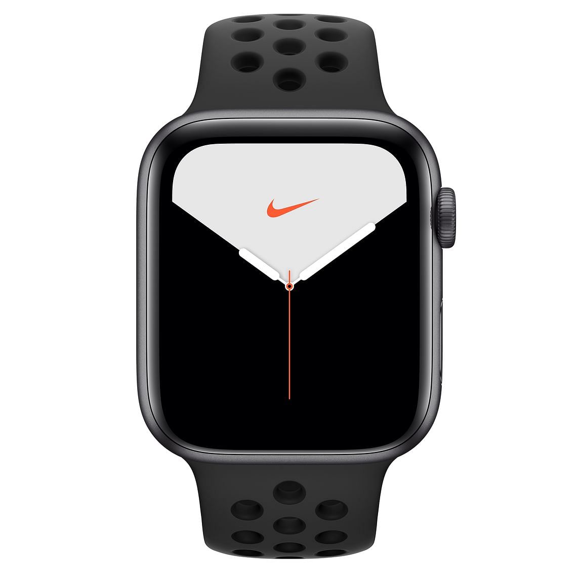ساعة آبل سلسلة نايك 5(جي بي اس)44 ملم هيكل من الألمنيوم باللون الرمادي مع حزام رياضي نايكي أسود فحمي
