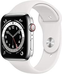 Apple Watch Series 6 (44mm, GPS + Cellular) Silver Stainless Steel Case with White Sport Band