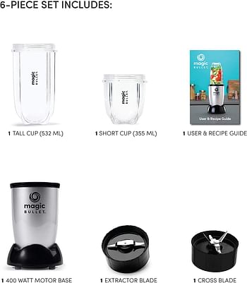 Magic Bullet, 4 Piece Accessories, Multi-Function High-Speed Blender, Silver, MB1002