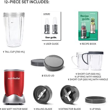 NutriBullet Food Blender Multi-Function High-Speed Blender Mixer System With Nutrient Extractor 9 piece NBR-1212R - Red