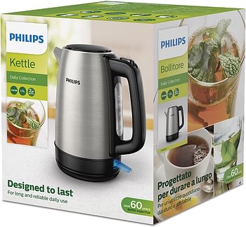 Philips, New Daily Metal Kettle, 1.7 Liters Capacity, 2200 Watts, Silver/Black, HD9350/92