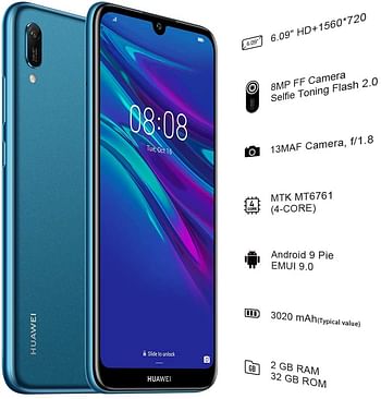 Huawei Y6 Prime 2019 6.09 inch FullView Dewdrop Display Smartphone with Dual Camera, 2GB+32GB, Android 9.0 Sapphire blue