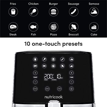 Nutricook Air Fryer 2, 1700 Watts, Digital Control Panel Display, 10 Preset Programs with built-in Preheat function, 5.5 Liters, Brush Stainless Steel/Black, AF205