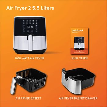 Nutricook Air Fryer 2, 1700 Watts, Digital Control Panel Display, 10 Preset Programs with built-in Preheat function, 5.5 Liters, Brush Stainless Steel/Black, AF205