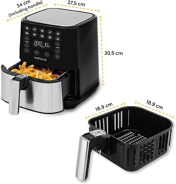 Nutricook Air Fryer 2, 1500 Watts, Digital Control Panel Display, 10 Preset Programs with built-in Preheat function, 3.6 Liters, Brush Stainless Steel/Black, , AF2