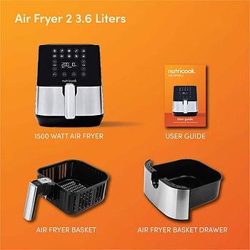 Nutricook Air Fryer 2, 1500 Watts, Digital Control Panel Display, 10 Preset Programs with built-in Preheat function, 3.6 Liters, Brush Stainless Steel/Black, , AF2